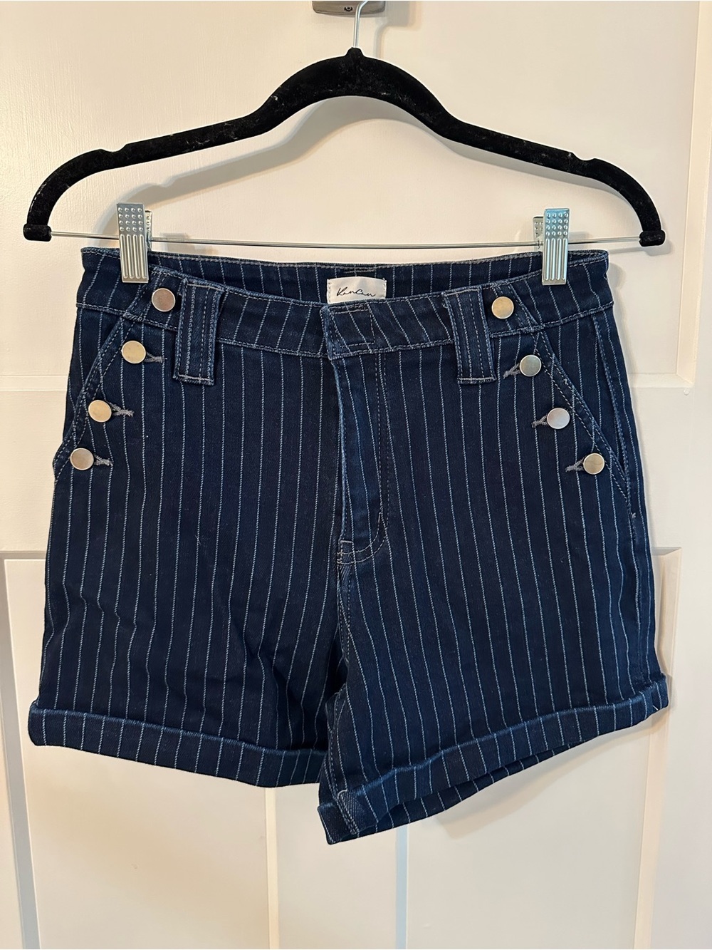 Brand new dark Pinstriped High-Rise Shorts with Button Detail denim shorts
